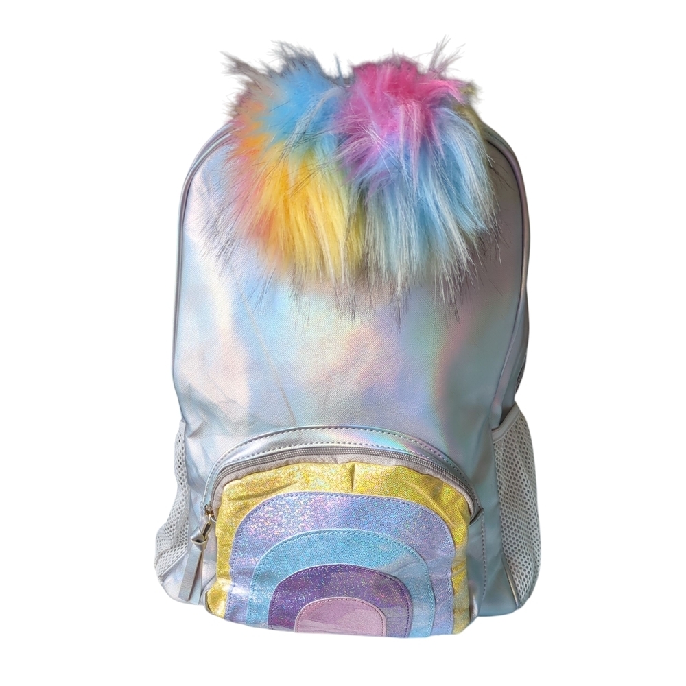 Under One Sky‎ Holographic Rainbow Glitter Backpack Pom Poms NWOT